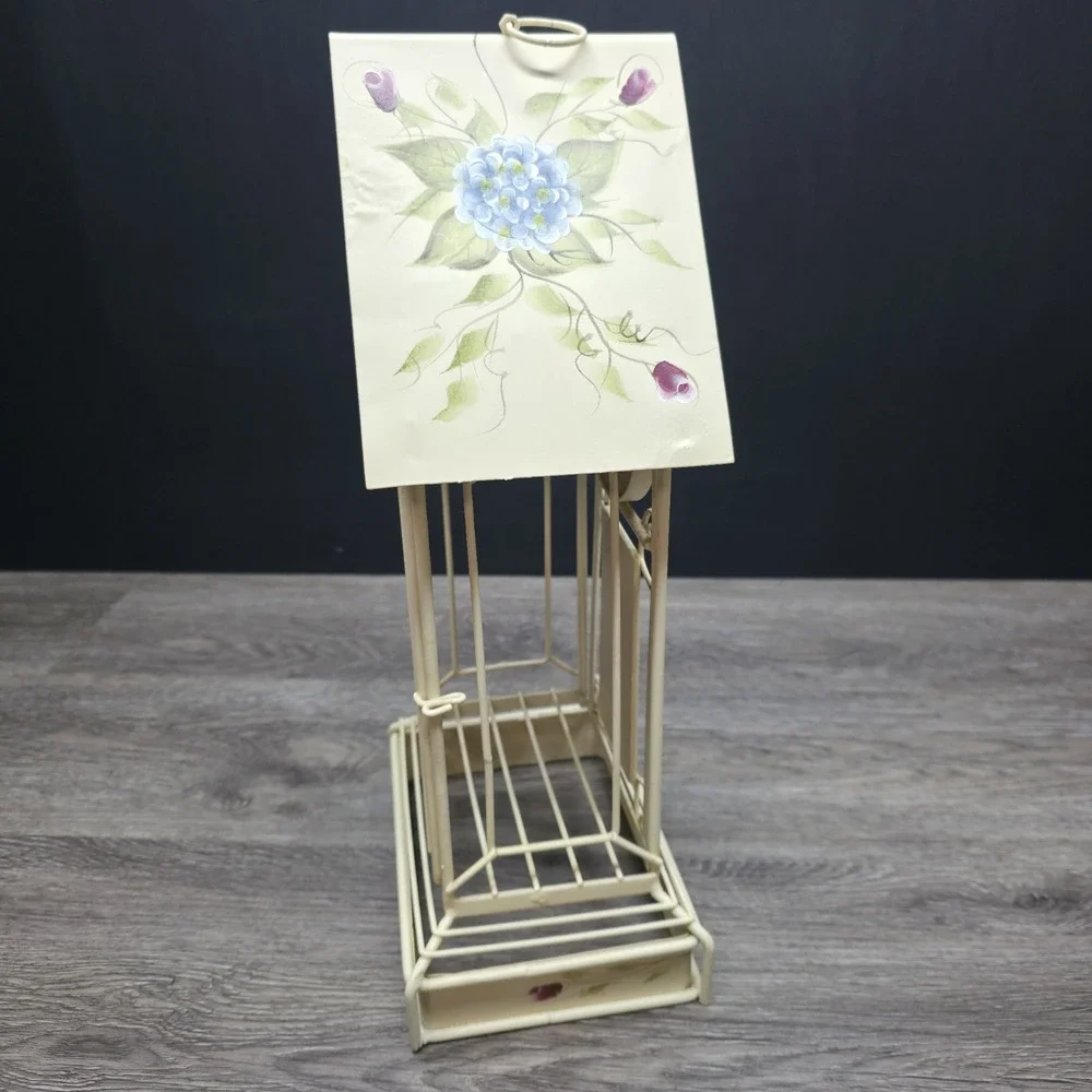 Vintage MANN Bird‎ Cage Clock Tower Metal Floral Hand Painted 16.5